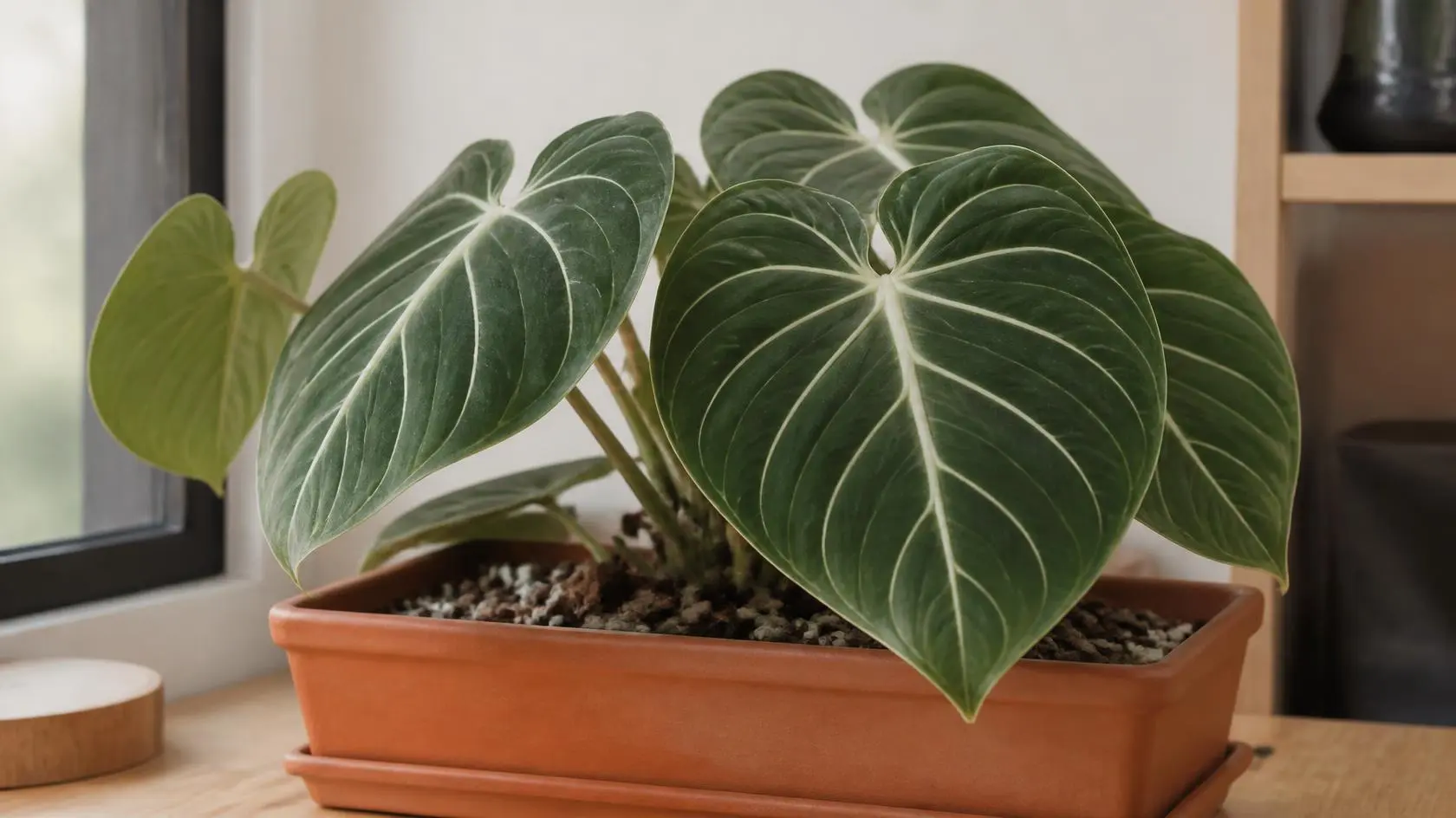 Philodendron gloriosum care guide showing velvety heart-shaped leaves with white veins in a rectangular planter