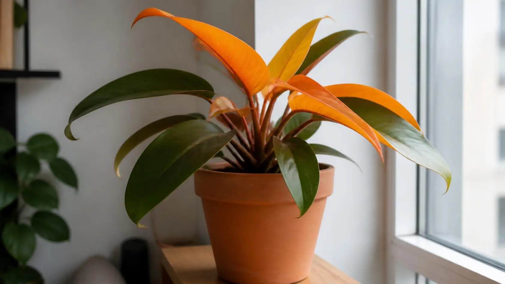 Philodendron Prince of Orange care indoors: vibrant orange and green leaves in a ceramic pot near a bright window