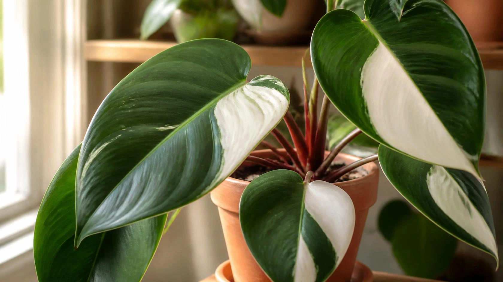 Philodendron White Knight care guide showing burgundy stem and white variegated leaves indoors