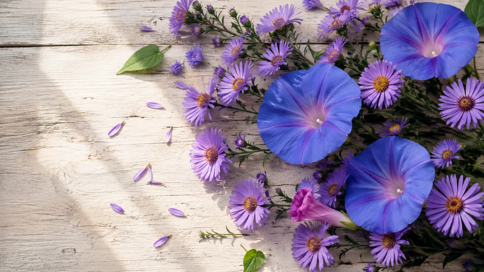 September flower meaning guide showing purple aster blooms and blue morning glory flowers in a soft natural arrangement