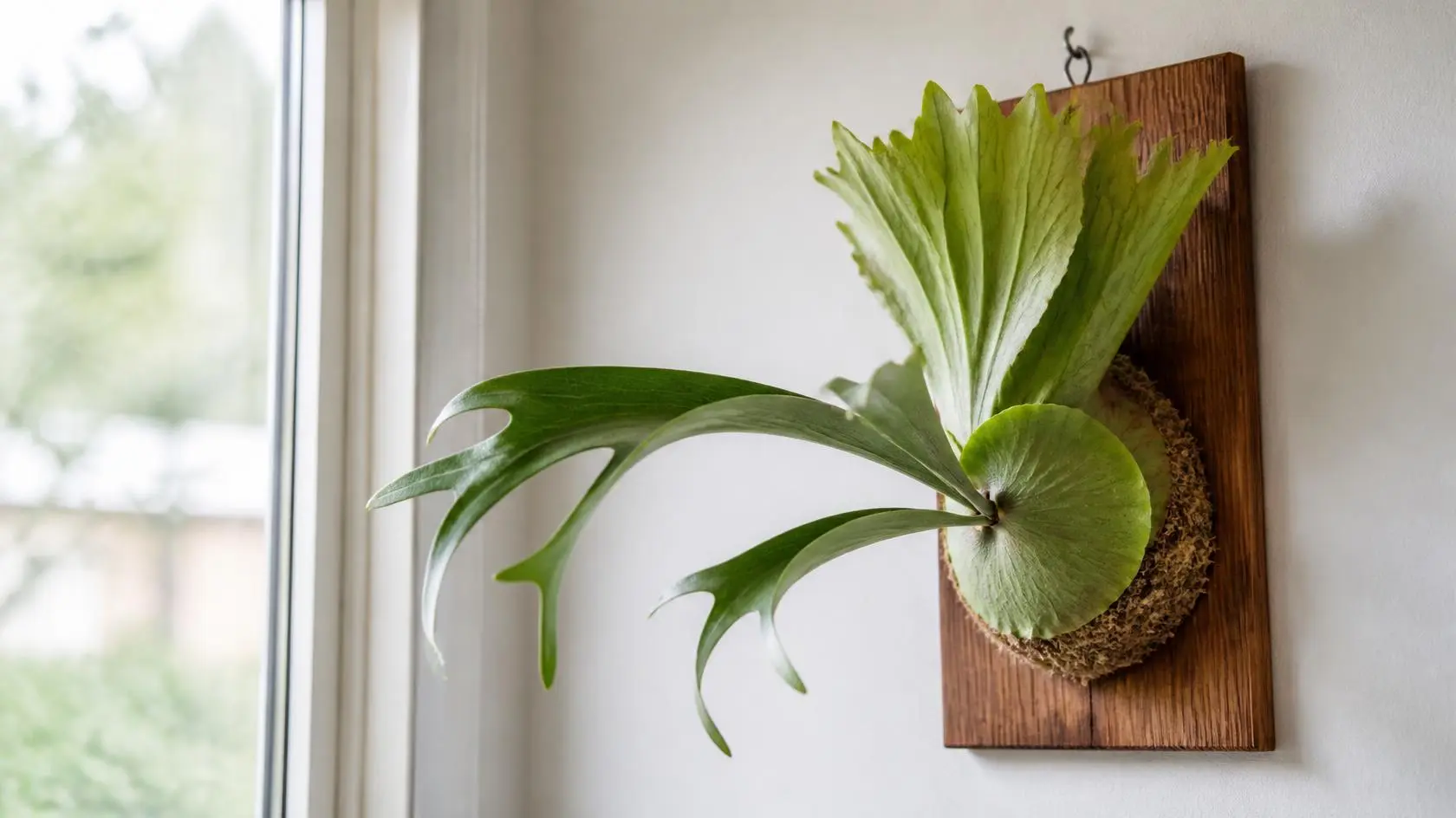 Staghorn fern care guide showing Platycerium bifurcatum mounted on a wooden board with bright indirect light
