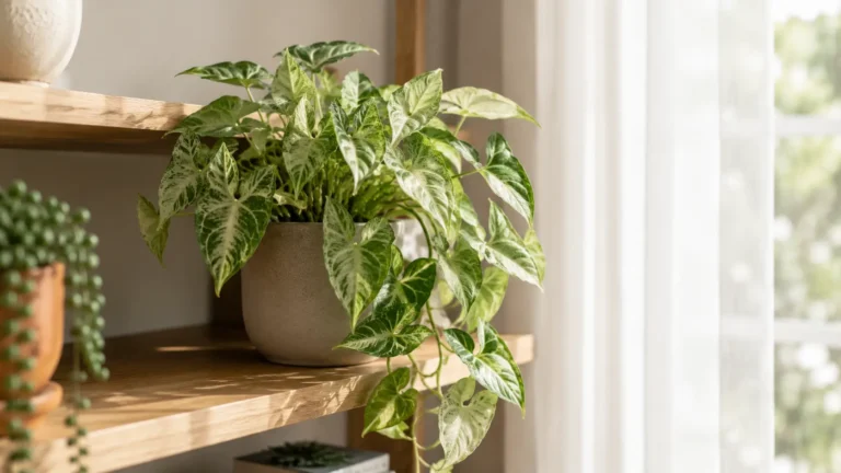 Syngonium arrowhead plant with arrow-shaped variegated leaves
