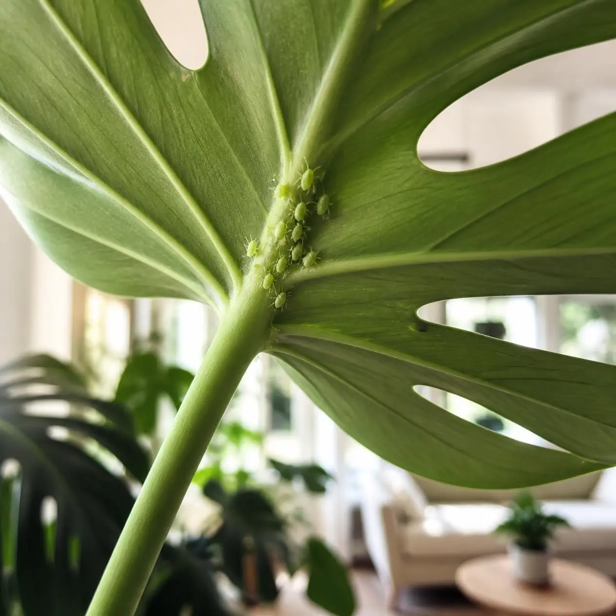 Aphids on indoor plants clustered on the underside of a houseplant leaf