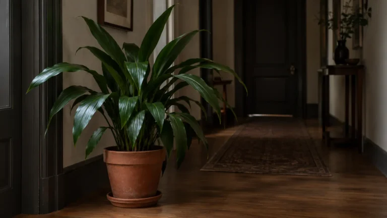 Cast iron plant with arching dark green leaves, a low-light bathroom plant