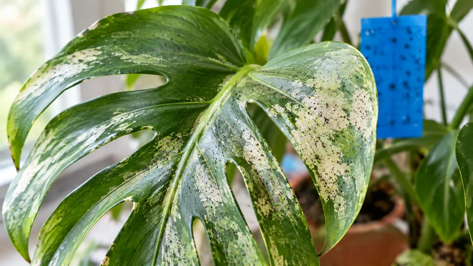 How to get rid of thrips on houseplants showing silvery damaged leaf with black frass specks" image_description: "Close-up of a houseplant leaf showing classic thrips damage: silvery stippled patches with tiny black excrement specks, next to a blue sticky trap and spray bottle