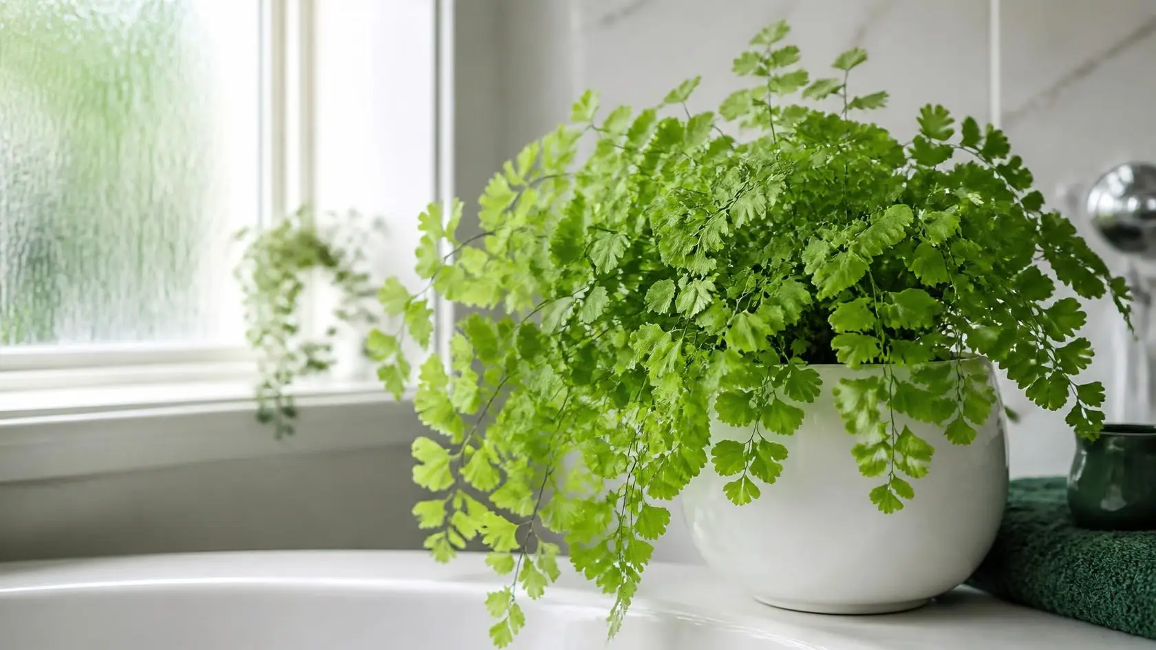 Maidenhair fern care guide: delicate fan-shaped leaflets on wiry dark stems in bright indirect bathroom light