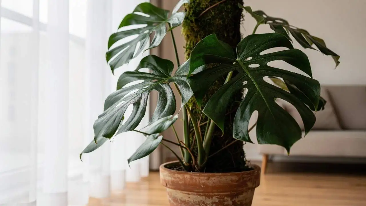 Monstera deliciosa care guide: large split-leaf houseplant climbing a moss pole in bright indirect light