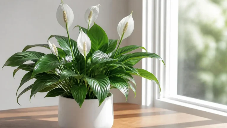Blooming peace lily in a white planter, a low-light bathroom plant
