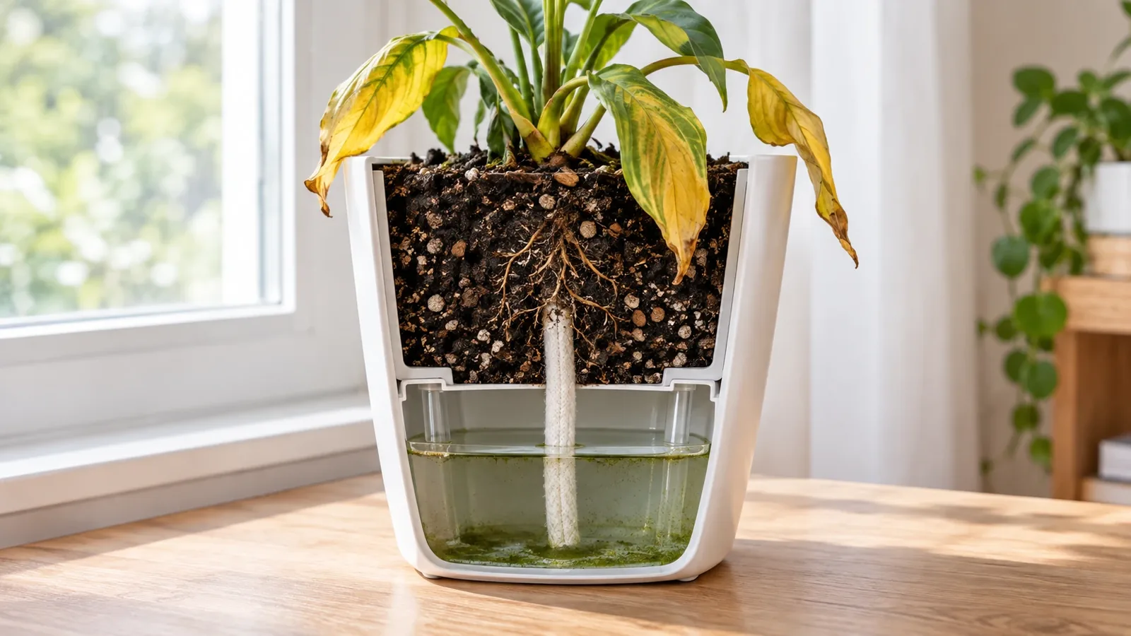Self-watering pot problems showing a cross-section of a reservoir planter with root rot, gnats, and salt crust
