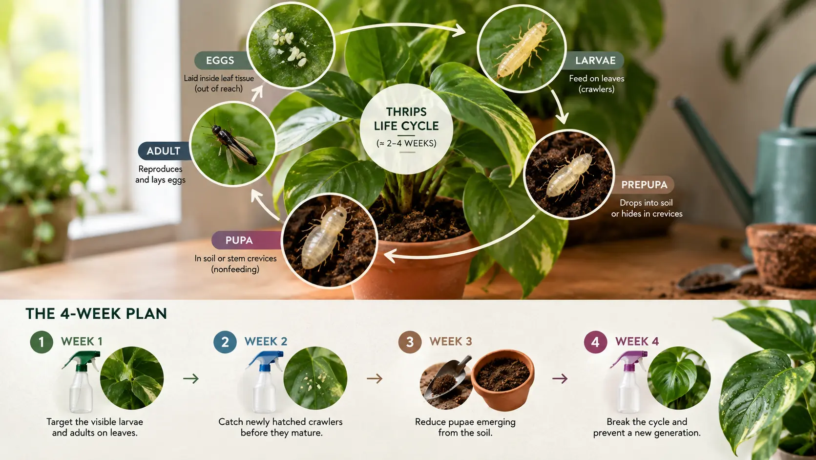 Thrips life cycle and 4-week treatment plan for houseplants, showing egg, larva, pupa in soil, and adult stages with weekly spray timing