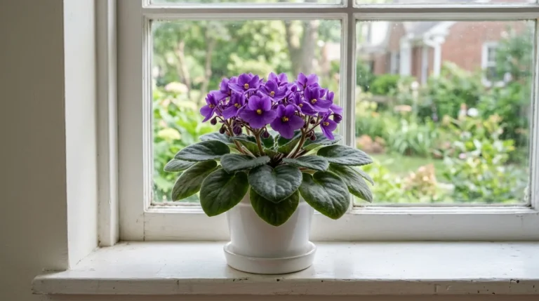African violet with purple flowers on a bright kitchen windowsill