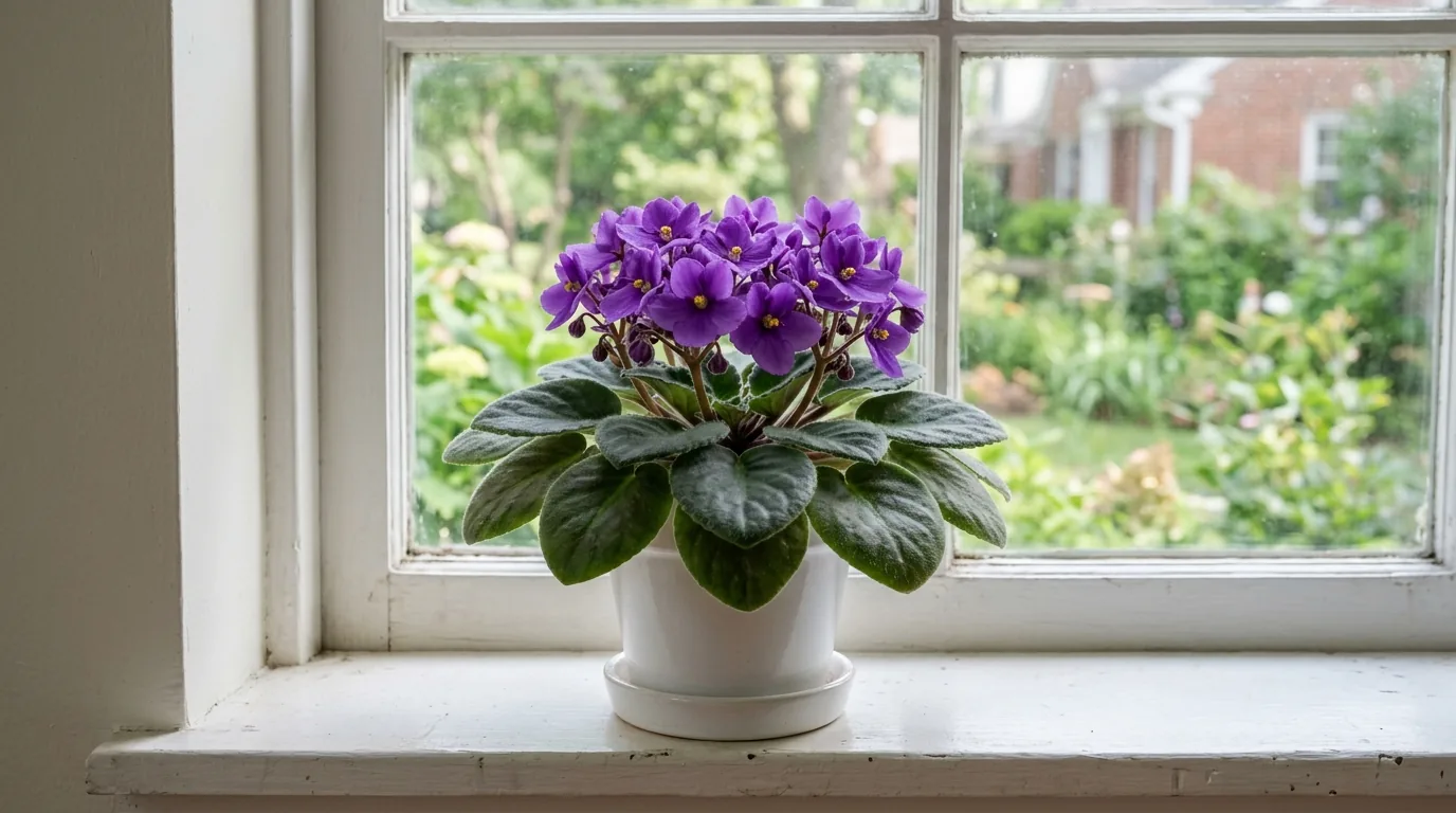 African violet with purple flowers and fuzzy green leaves in a small white pot on a bright windowsill