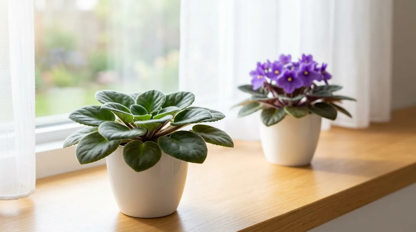 African violet not blooming with healthy fuzzy green leaves but no flowers, in a small pot on a bright windowsill