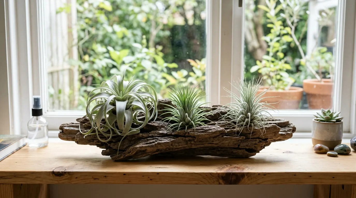 Three silvery Tillandsia air plants on a piece of driftwood on a wooden windowsill shelf