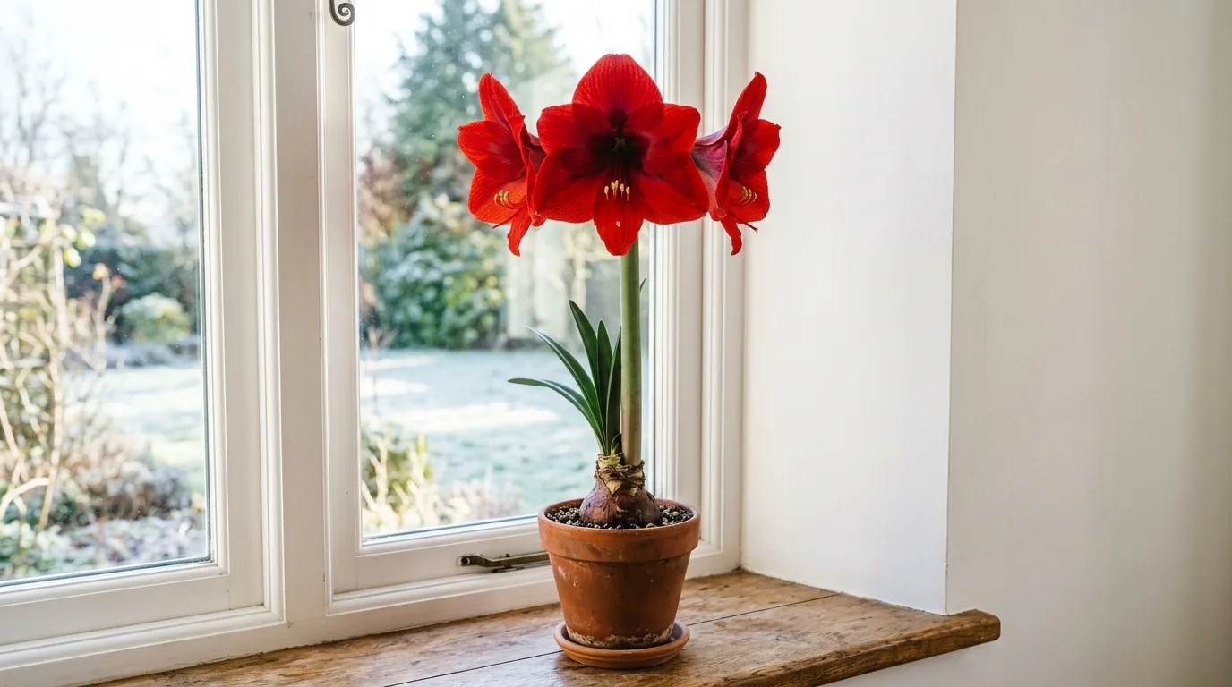 Red amaryllis in full bloom in a terracotta pot on a sunny windowsill