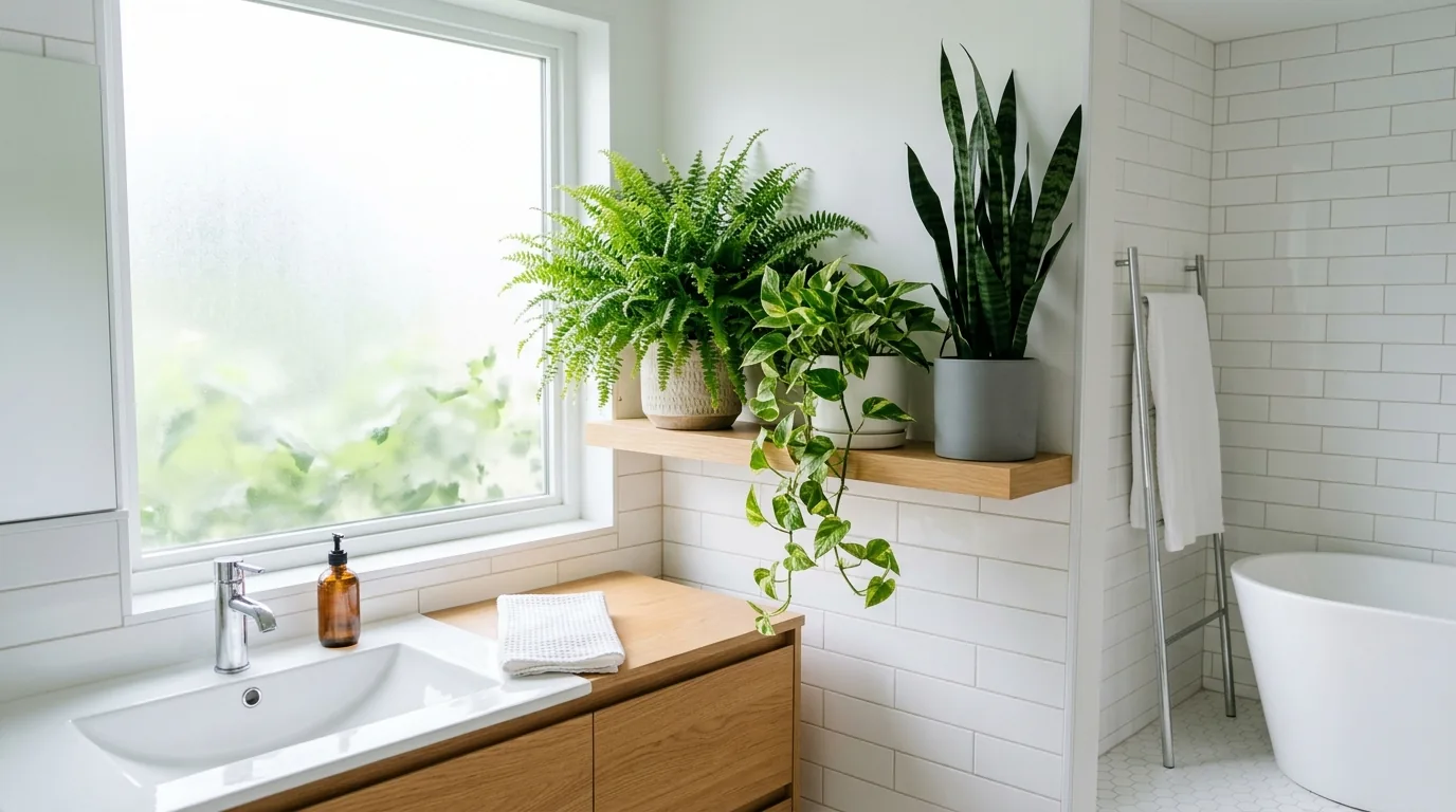 Boston fern, pothos and snake plant on a shelf by a frosted window in a bright bathroom