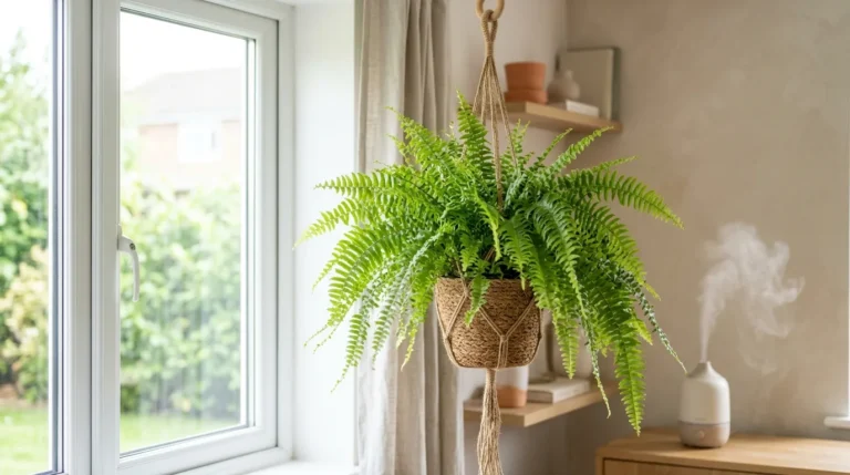 Boston fern with arching fronds in a hanging basket, a humidity-loving bathroom plant
