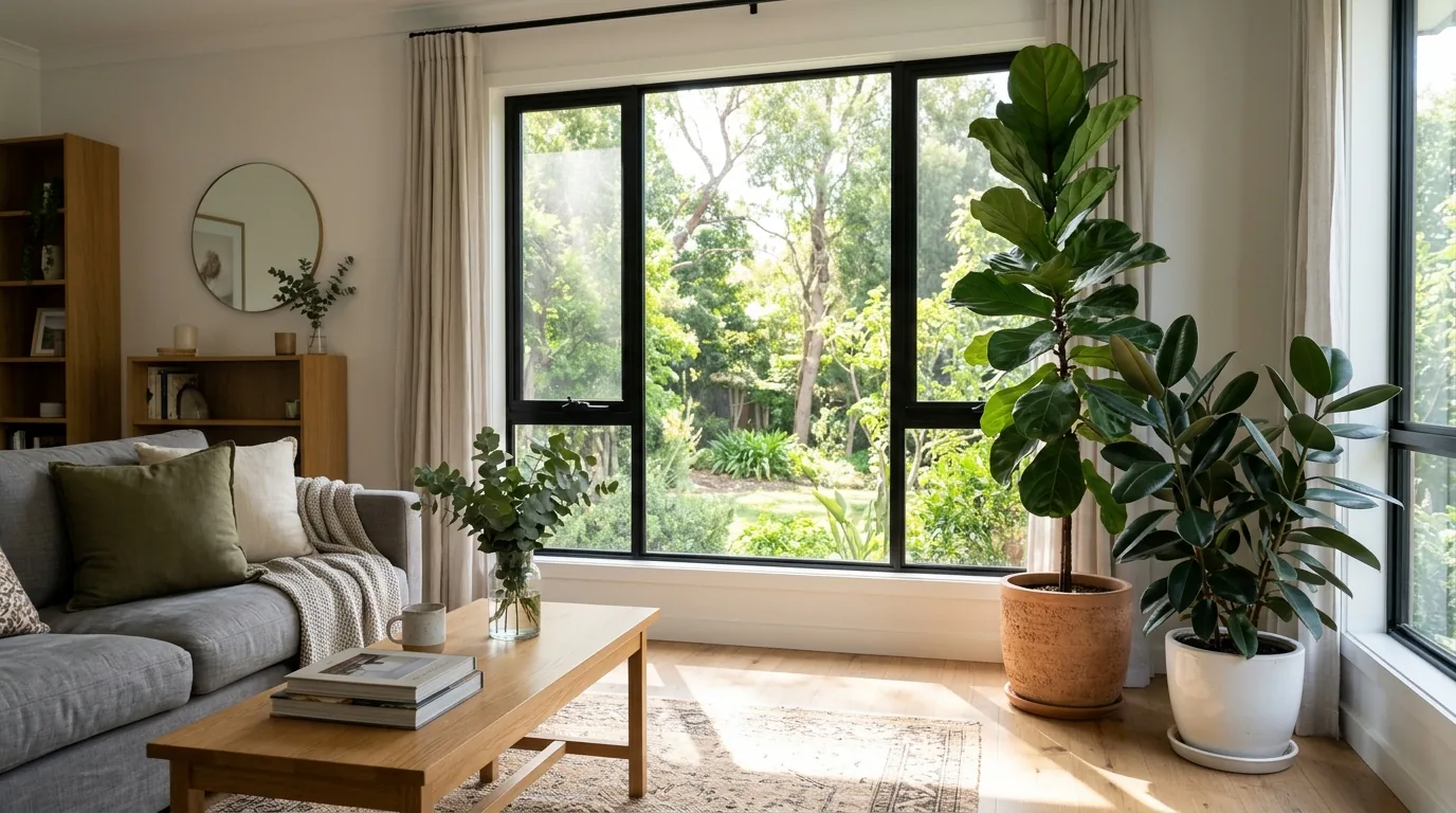 Fiddle leaf fig and rubber plant standing beside a large bright window, out of the direct sunbeam