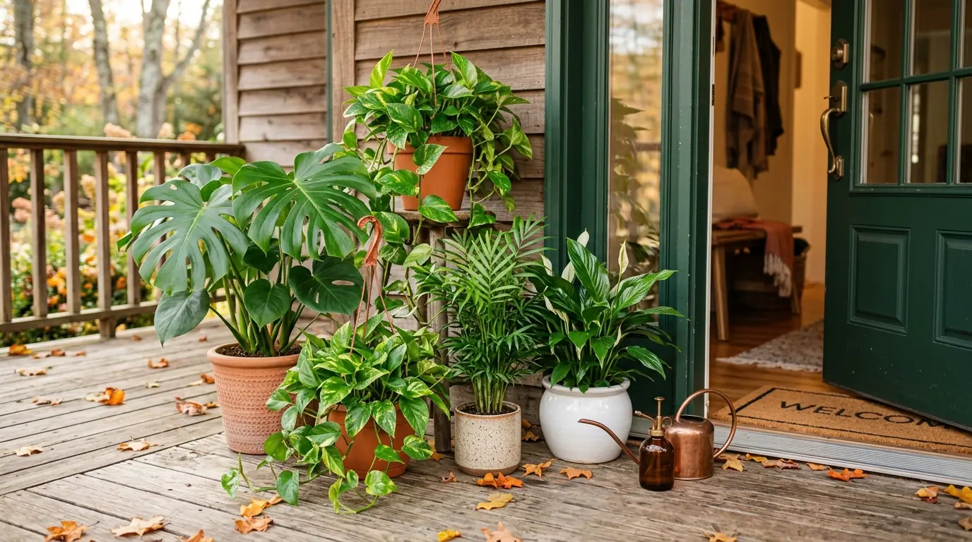 Potted houseplants on a porch beside an open door, ready to be moved indoors in autumn