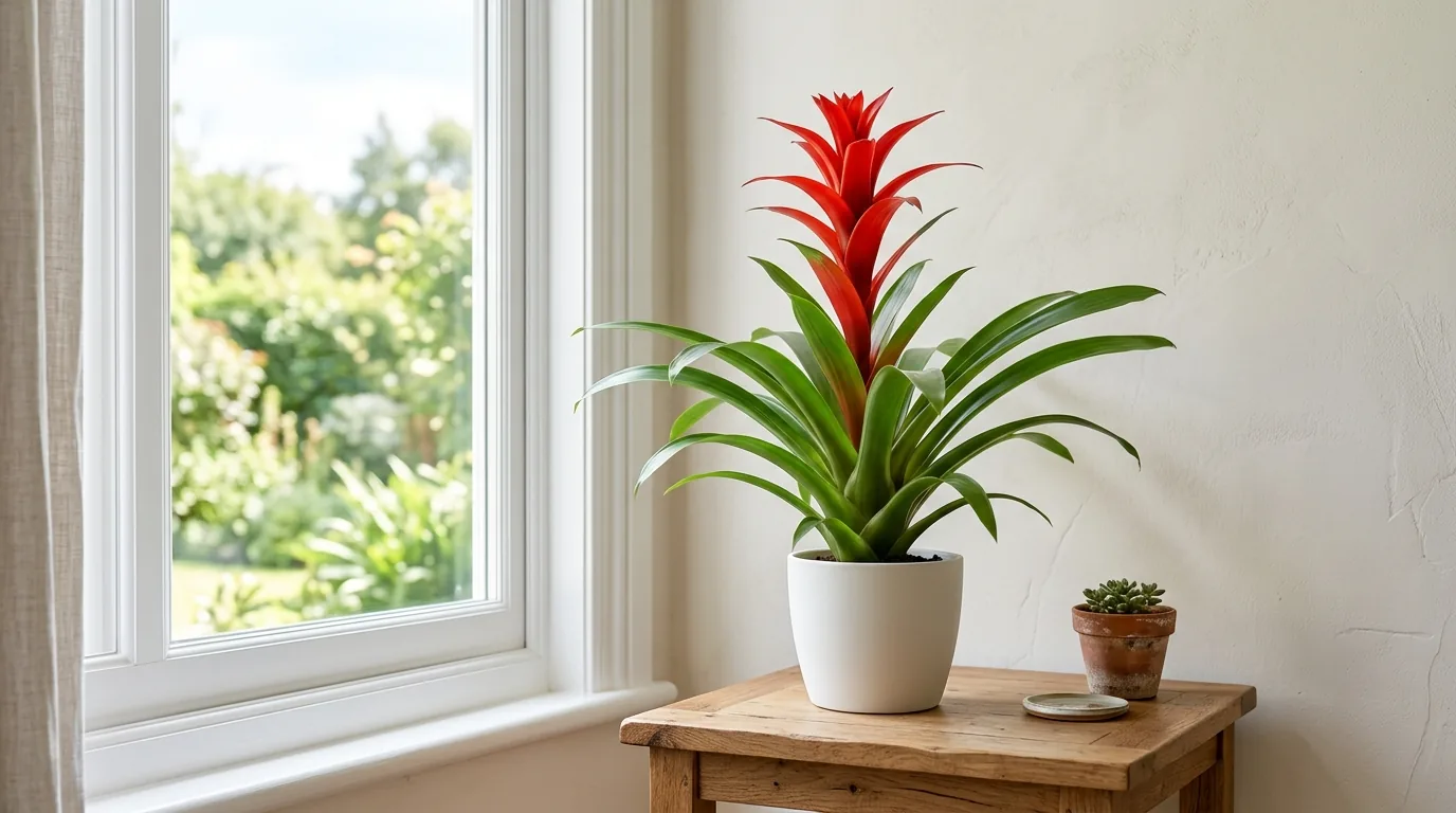Guzmania bromeliad with a bright red flower bract in a white pot on a wooden side table by a window