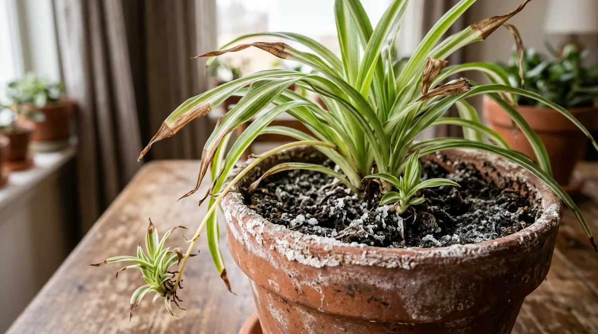 Spider plant with brown crispy leaf tips and white salt crust on the soil and terracotta pot rim