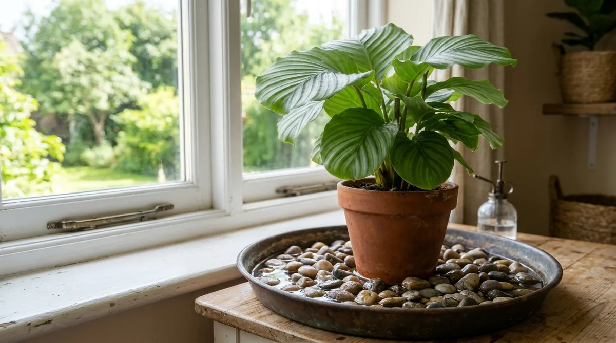 Potted calathea standing on a tray of pebbles and water, with the water below the bottom of the pot