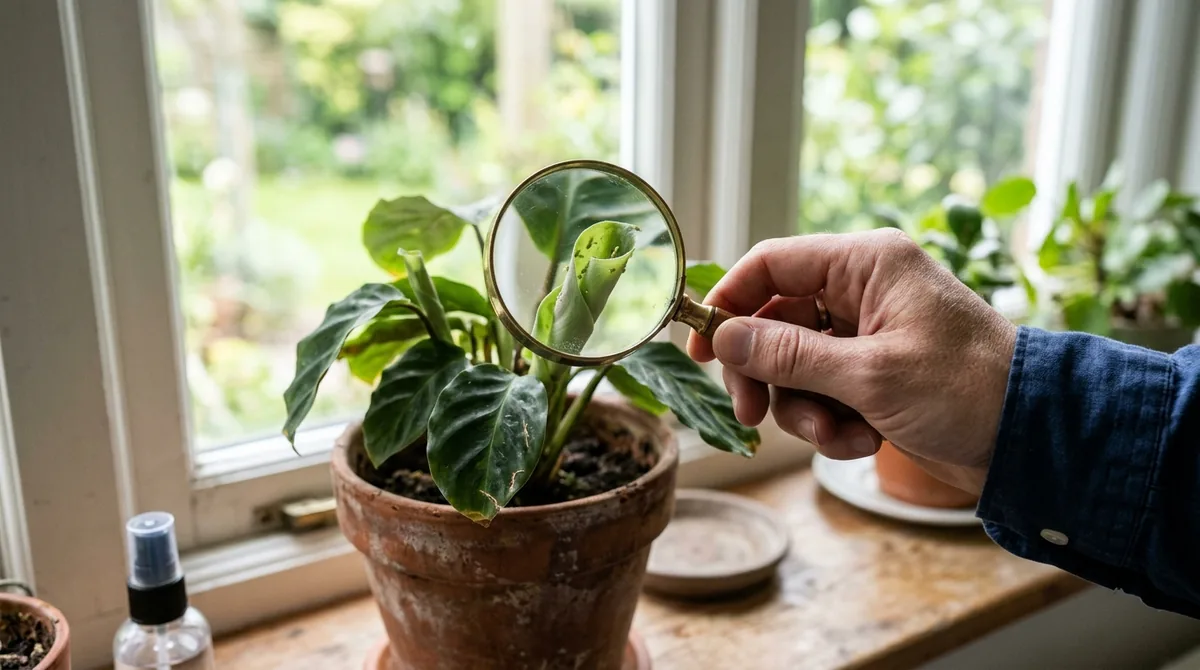 Hand holding a magnifying glass over the curled new leaves of a houseplant to check for pests