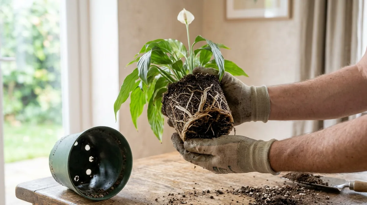 Gloved hands holding a peace lily lifted out of its pot to inspect the root ball