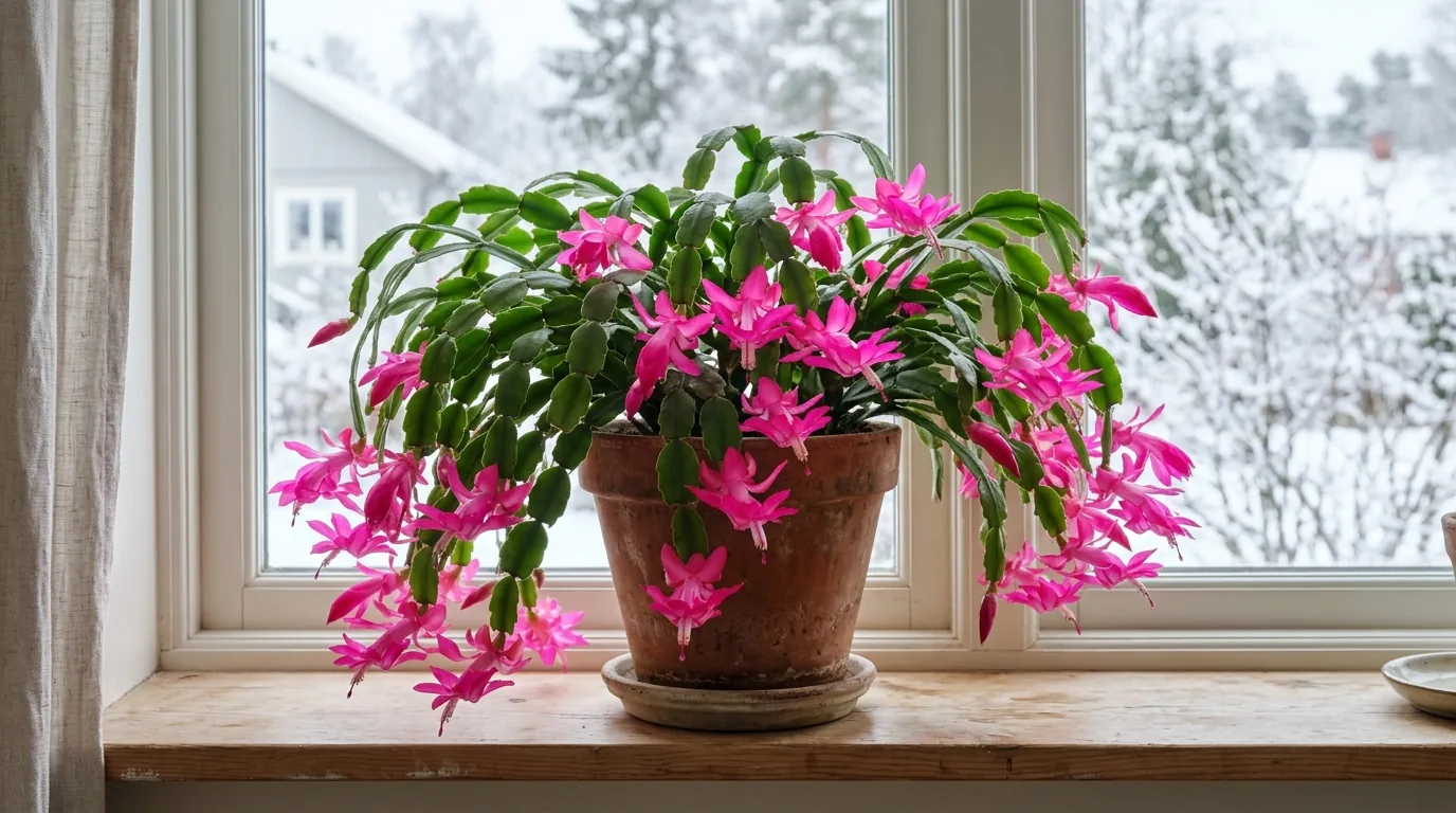 Christmas cactus in full bloom with hot pink flowers in a terracotta pot on a winter windowsill