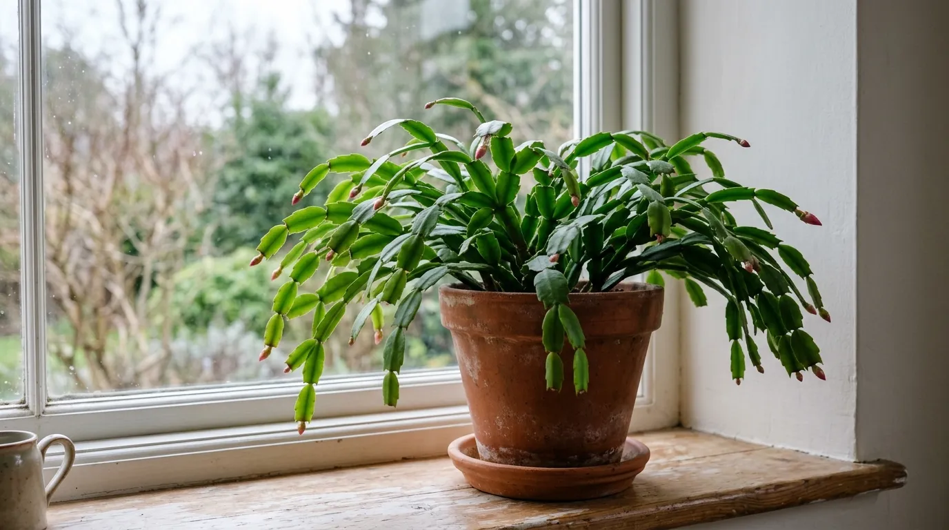 Christmas cactus not blooming: healthy green stem segments with no flowers on a bright windowsill