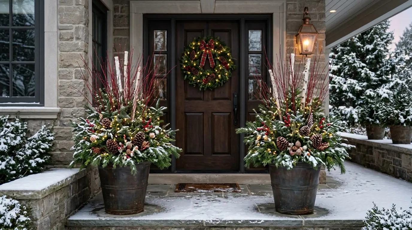 Two winter porch pots with spruce, red twig dogwood, birch branches, pinecones and lights flanking a front door