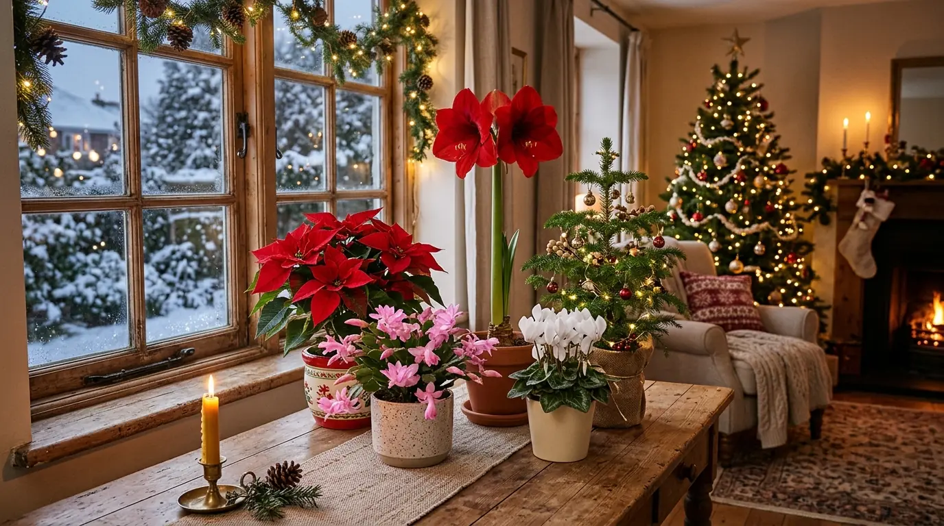 Poinsettia, Christmas cactus, amaryllis, white cyclamen and a small Norfolk Island pine on a table by a snowy window