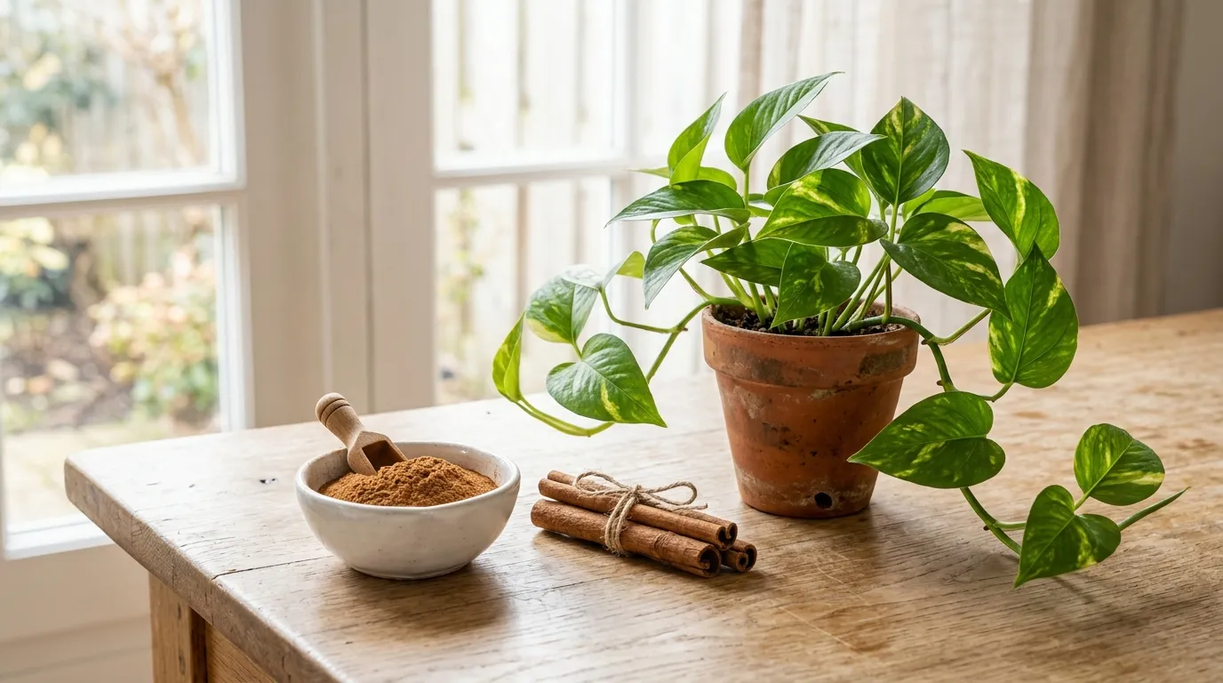 Cinnamon for plants: a small bowl of ground cinnamon and cinnamon sticks next to a potted pothos cutting