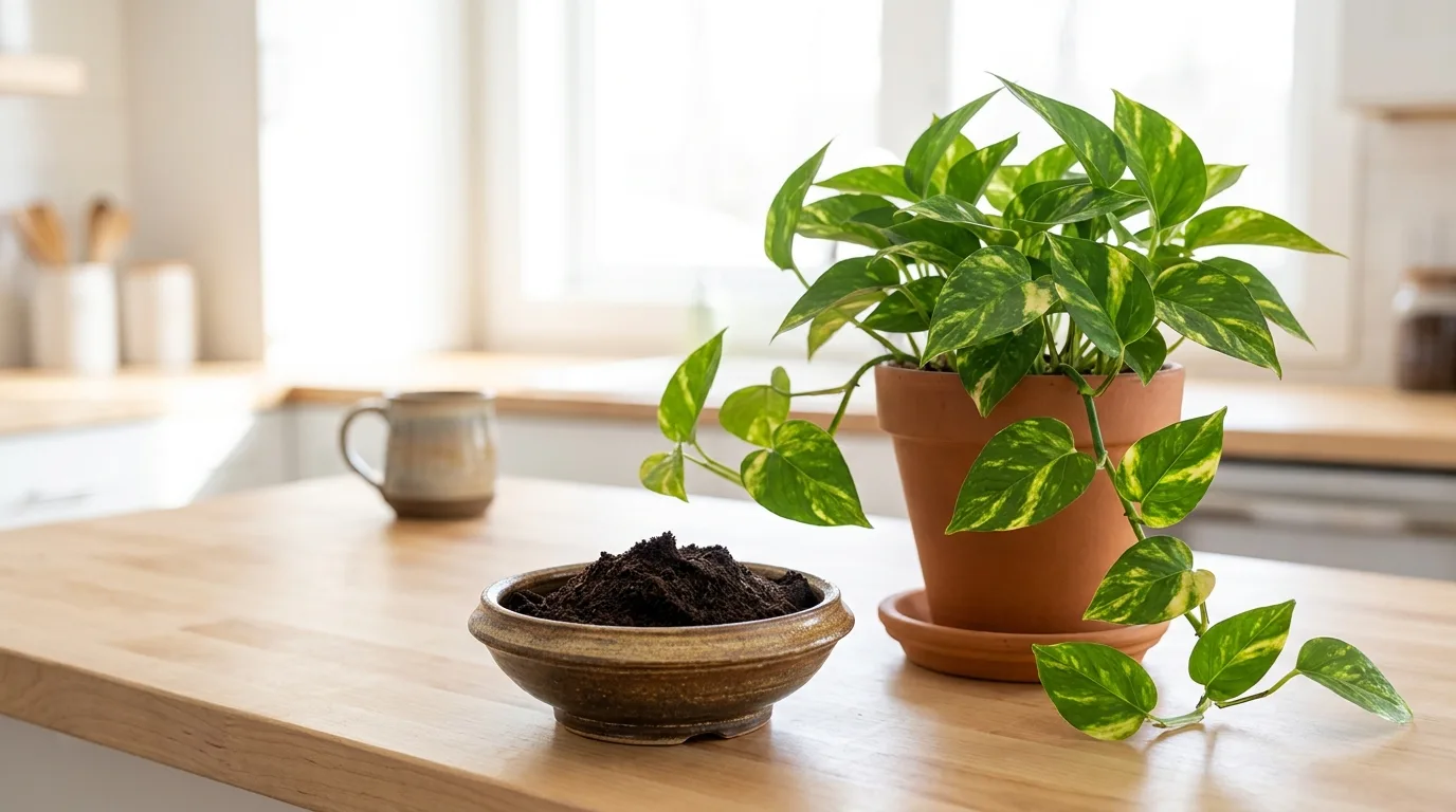 Coffee grounds for houseplants: used coffee grounds in a bowl next to a potted pothos on a kitchen counter