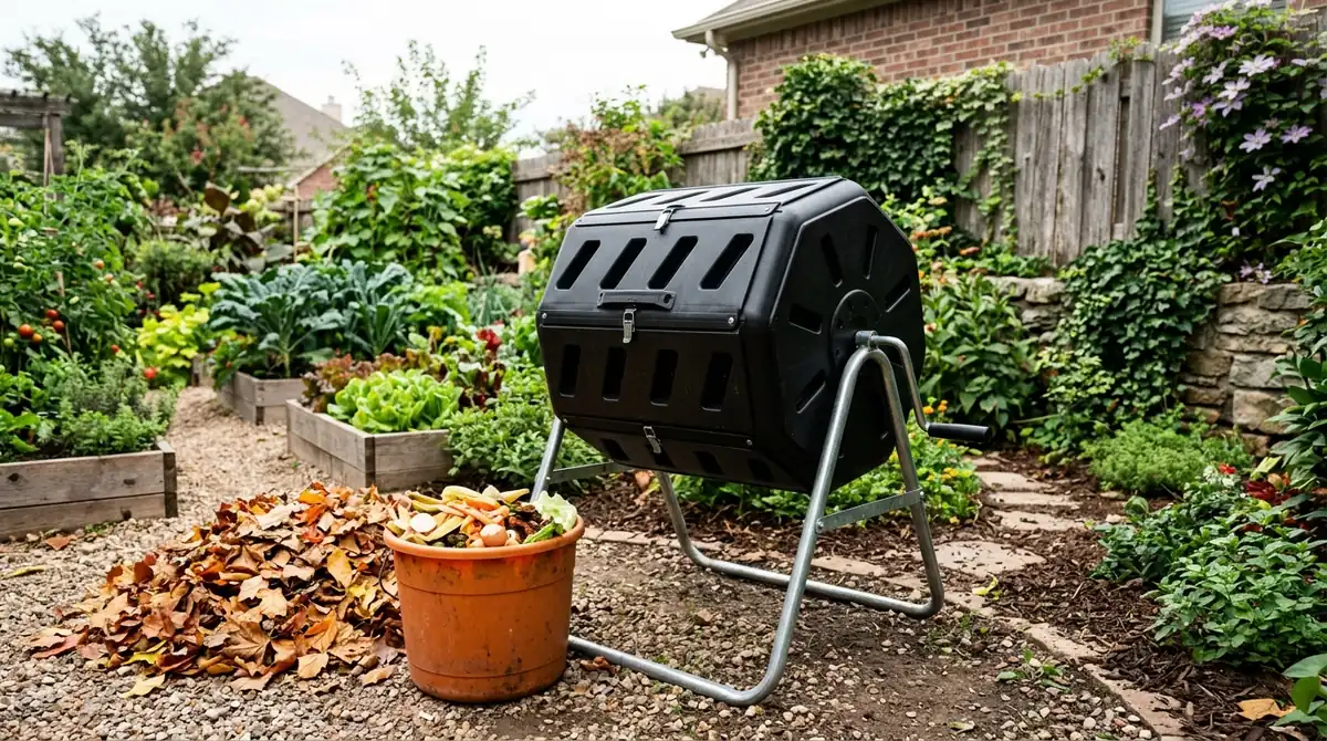 Black rotating compost tumbler on a frame in a backyard garden next to a bucket of kitchen scraps and dry leaves