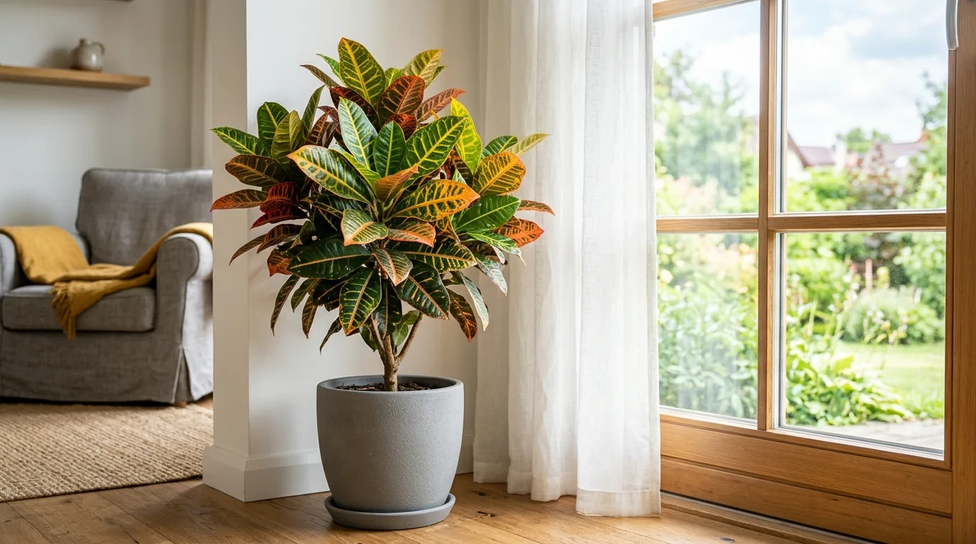 Croton plant with glossy yellow, orange, red and green leaves in a gray pot beside a bright window