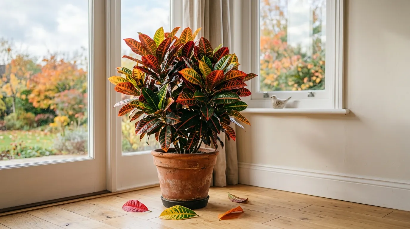 Colorful croton plant indoors near a window with a few fallen red and yellow leaves on the floor beside the pot