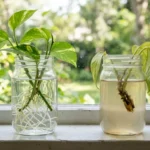 Cuttings rotting in water: two pothos cuttings in glass jars, one with healthy white roots and one with a brown, rotting stem end
