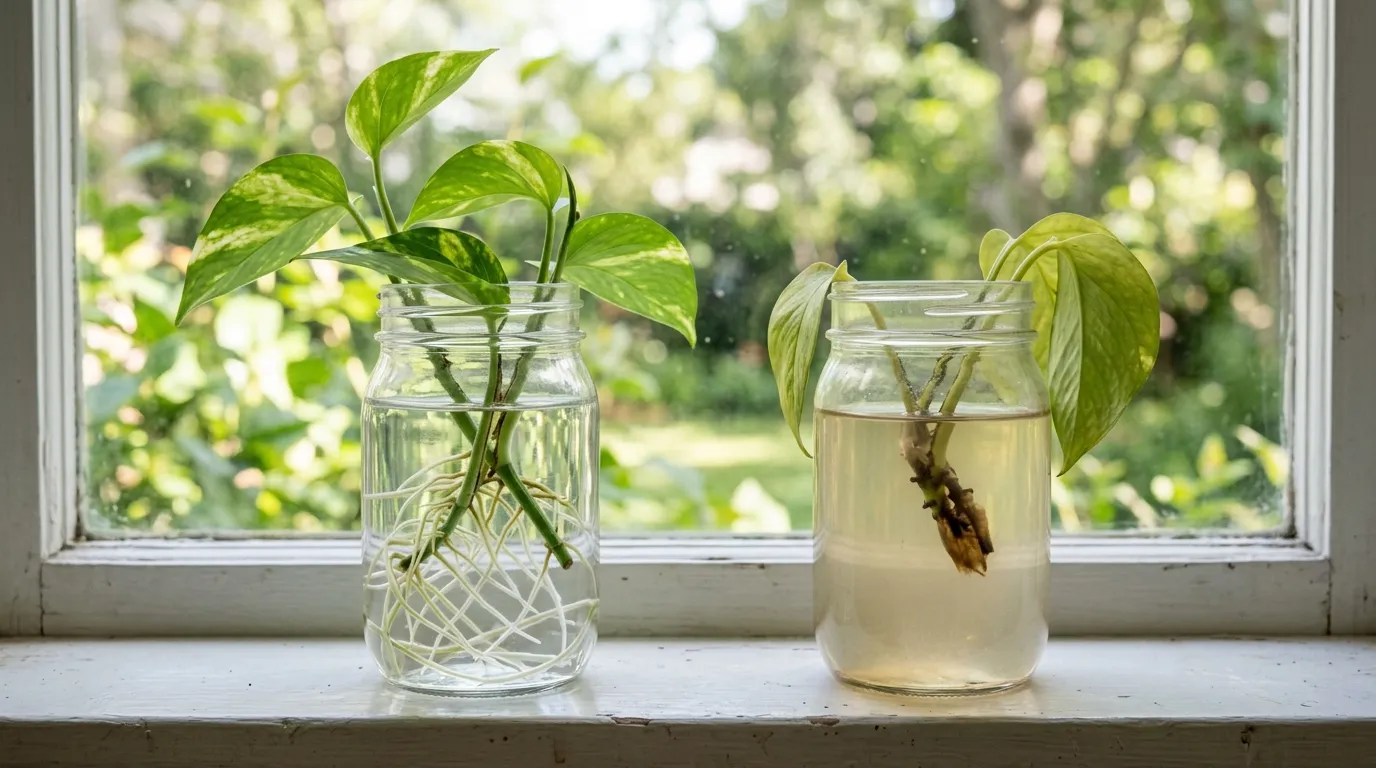 Cuttings rotting in water: two pothos cuttings in glass jars, one with healthy white roots and one with a brown, rotting stem end