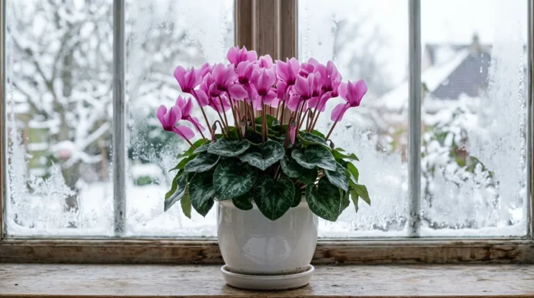 Pink florist cyclamen in bloom with marbled heart-shaped leaves