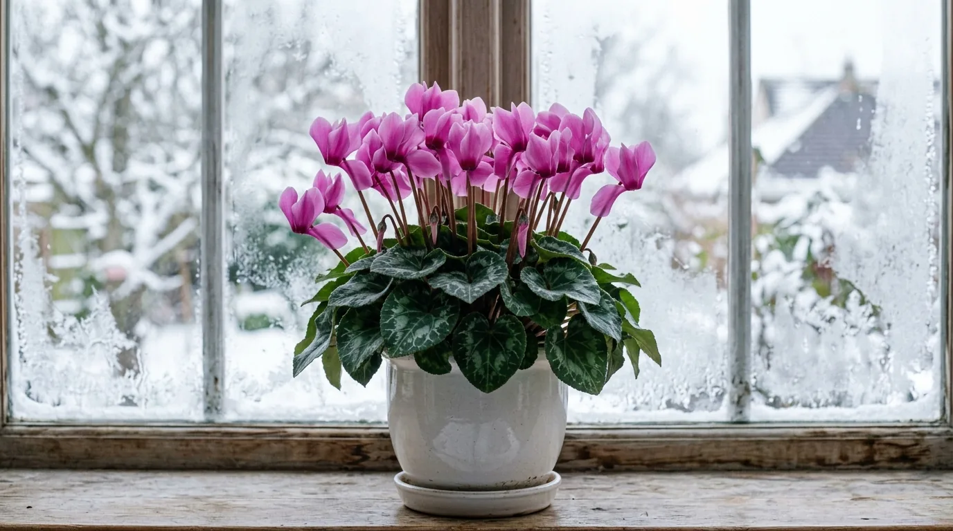 Pink florist cyclamen in bloom with marbled heart-shaped leaves on a cool bright windowsill