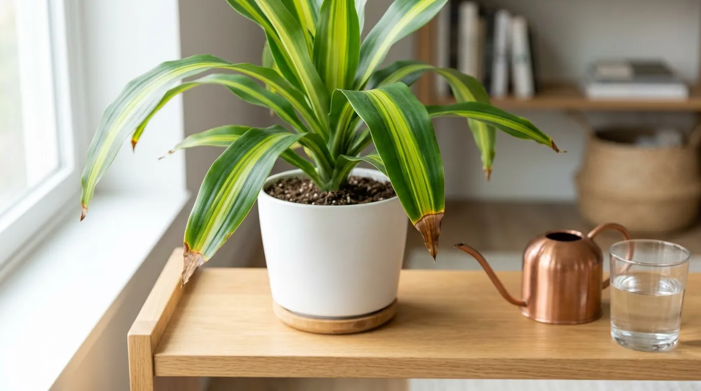 Dracaena Brown Tips dry tips next to a healthy green dracaena in a pot indoors