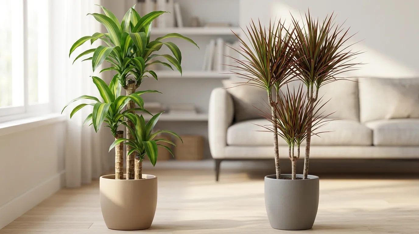 Corn plant and dragon tree dracaenas in pots in a bright living room