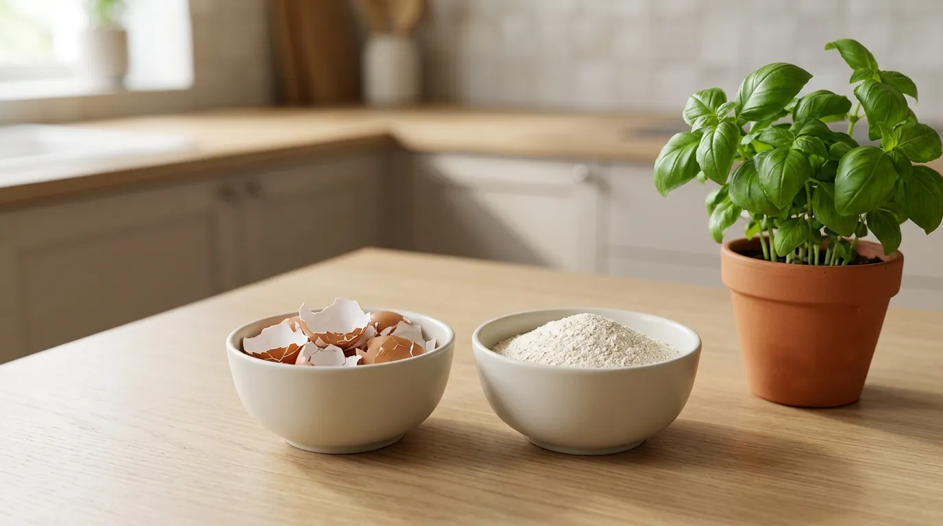 Eggshells for plants: rinsed crushed eggshells and finely ground eggshell powder in small bowls next to a potted herb