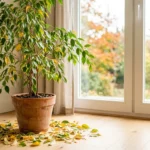 Weeping fig (Ficus benjamina) in a pot indoors with fallen yellow and green leaves on the floor around itWeeping fig (Ficus benjamina) in a pot indoors with fallen yellow and green leaves on the floor around it