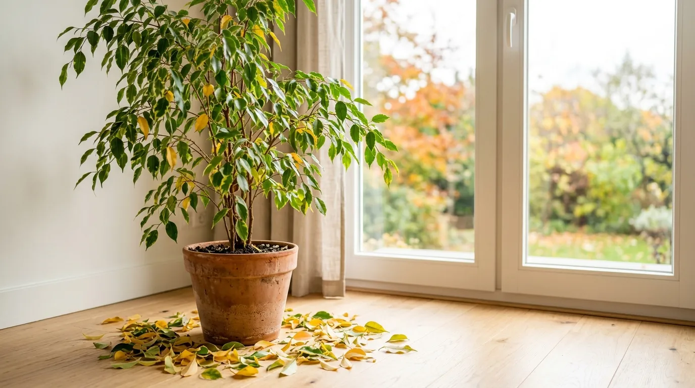 Weeping fig (Ficus benjamina) in a pot indoors with fallen yellow and green leaves on the floor around itWeeping fig (Ficus benjamina) in a pot indoors with fallen yellow and green leaves on the floor around it