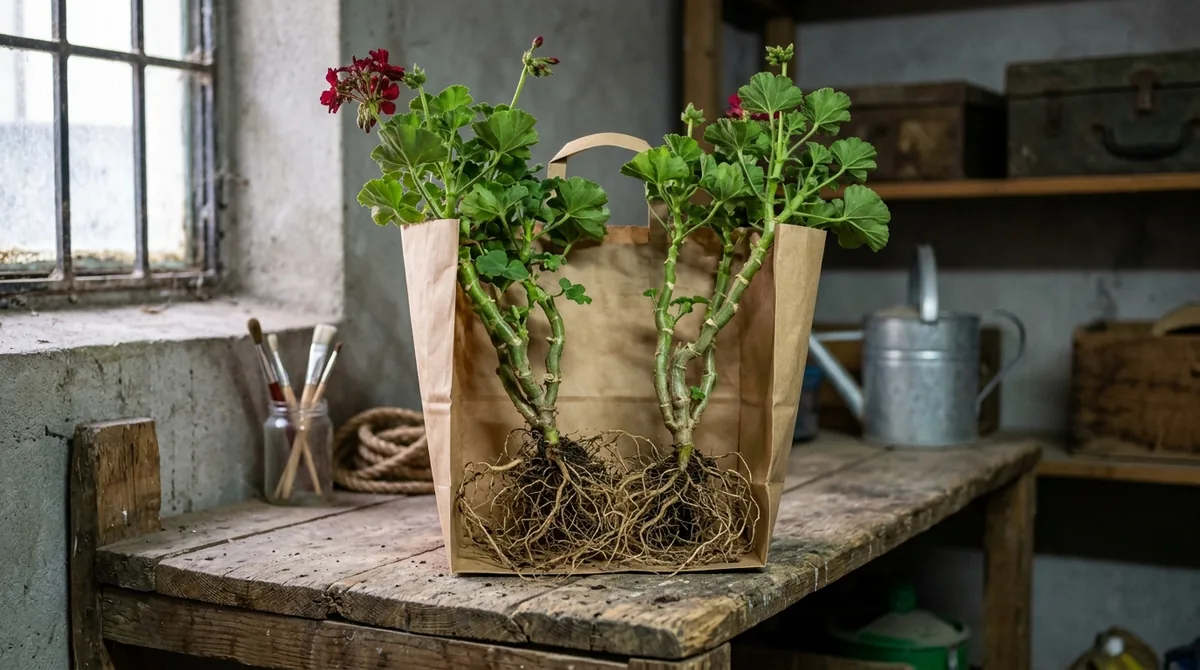 Two dug-up geraniums with bare roots stored upright in an open paper bag on a basement shelf