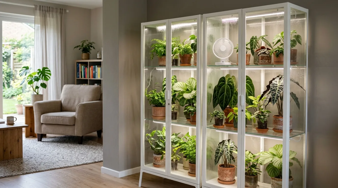 White glass cabinet used as an indoor greenhouse with tropical houseplants, LED grow light bars and a small fan
