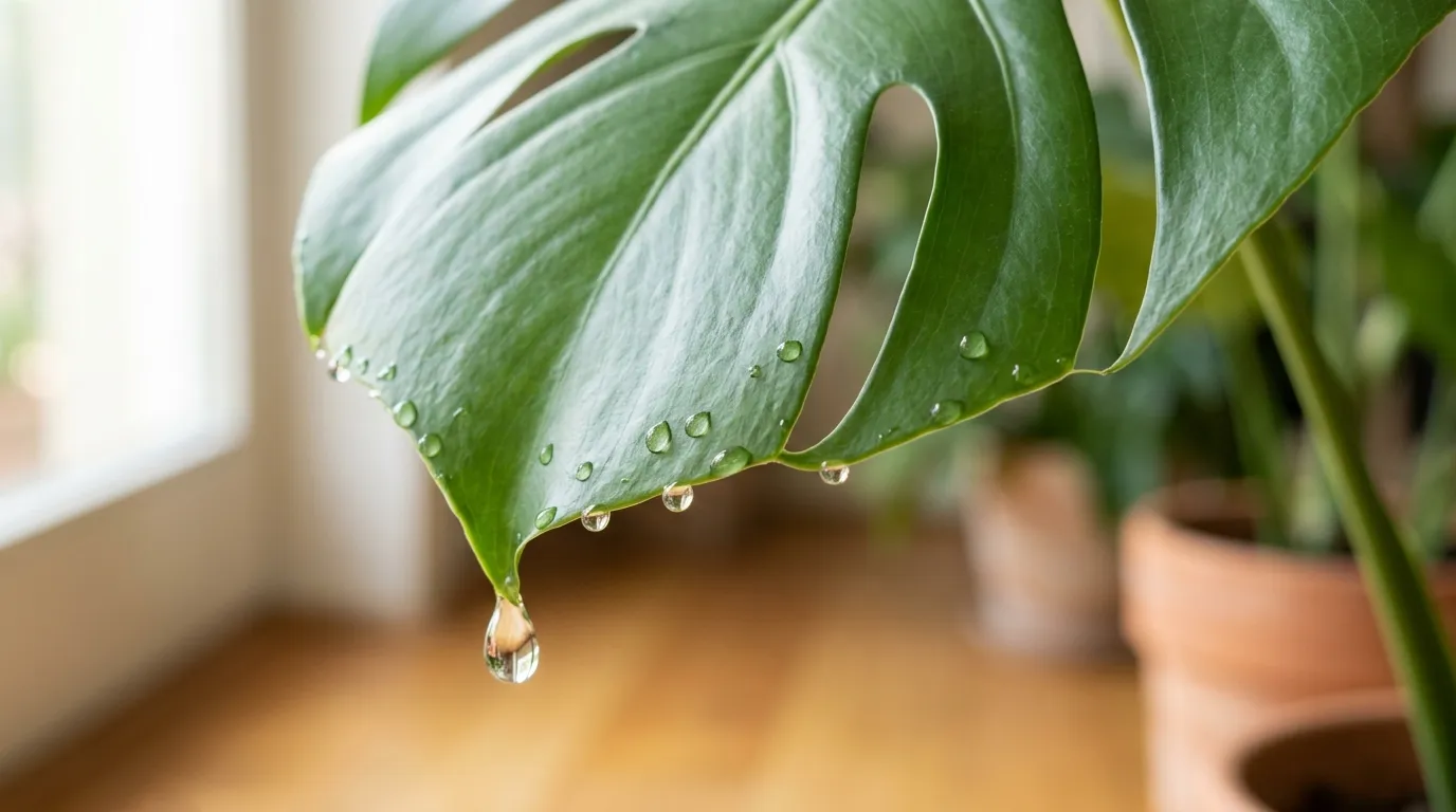 Guttation: clear water droplets hanging from the tip and edges of a large green monstera leaf