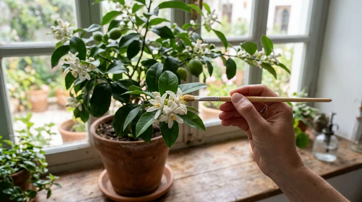 Hand using a small paintbrush to move pollen between white lemon blossoms on an indoor potted lemon tree